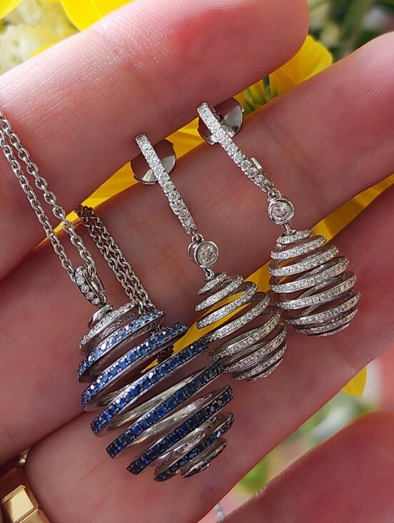 Faberge Jewelry - $36,000 Faberge 18kt Gold Essencè Diamond Sapphire Earrings & Necklace Set